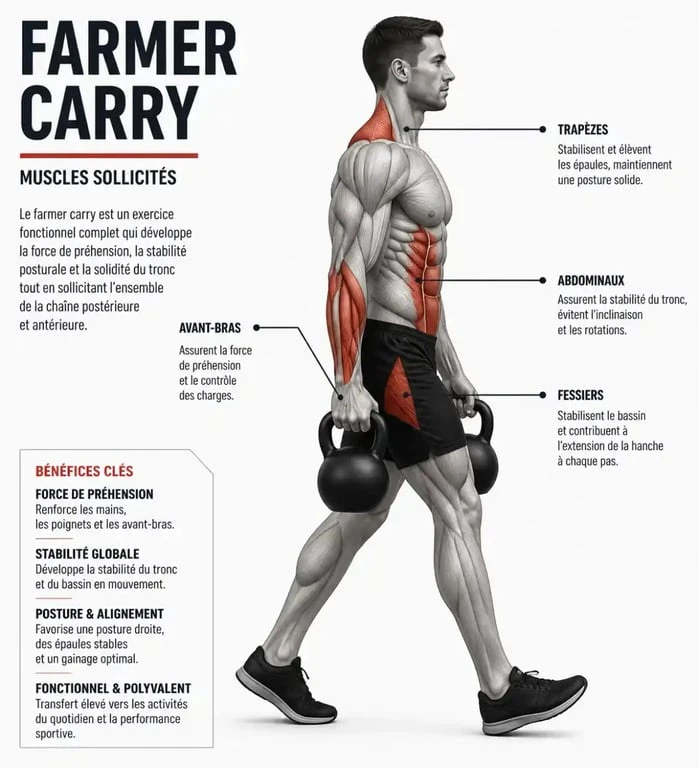 Schéma des muscles sollicités lors d'un exercice de farmer carry