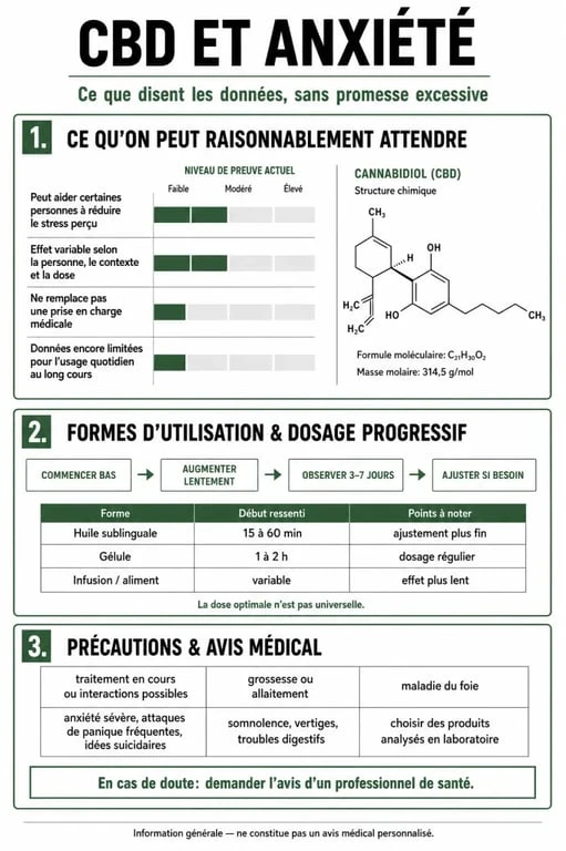 Infographie sur le cbd anxiété : effets raisonnables, dosage progressif et précautions essentielles