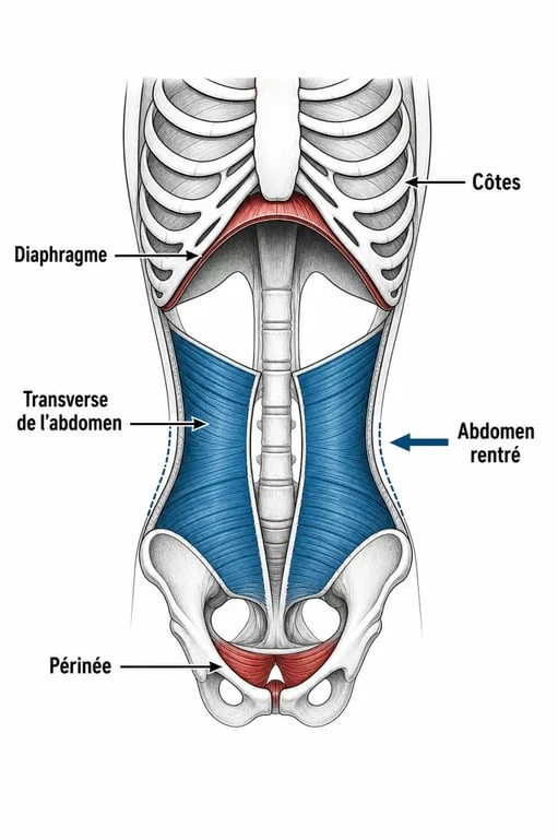 Exercice stomach vacuum : schéma du transverse, du diaphragme et de la posture abdominale