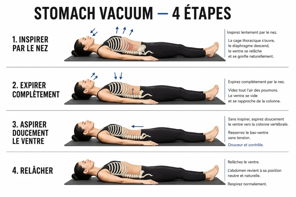 Exercice stomach vacuum : séquence pas à pas pour respirer, expirer et aspirer le ventre correctement