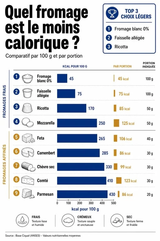 Comparatif du fromage le moins calorique avec les fromages les plus légers par 100 g