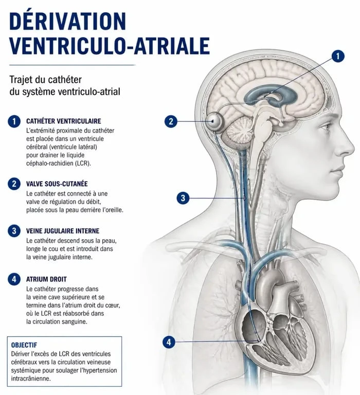 Schéma explicatif du fonctionnement d'une dérivation ventriculo-atriale pour le traitement de l'hydrocéphalie