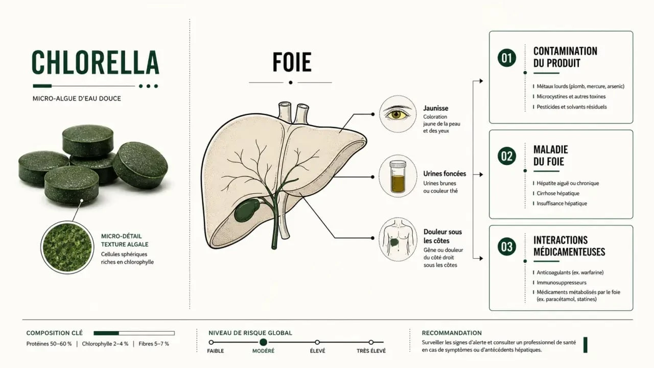 Chlorella danger pour le foie : infographie des risques, précautions et signes d’alerte