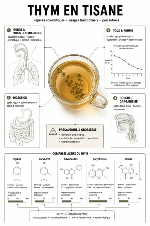 Infographie sur les bienfaits du thym en tisane pour la gorge, la toux, la digestion et les précautions d’usage