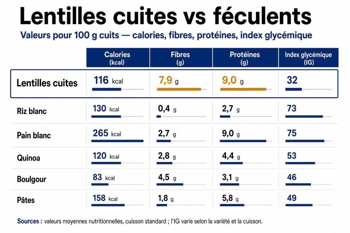Manger des lentilles le soir fait grossir ? Infographie des calories, fibres, protéines et index glycémique des lentilles