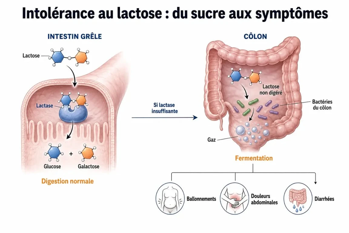 Intolérance au lactose symptome : schéma du lactose, de la lactase et des symptômes digestifs