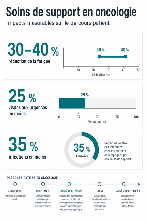 Infographie des bénéfices des soins de support dans le parcours de soins oncologiques