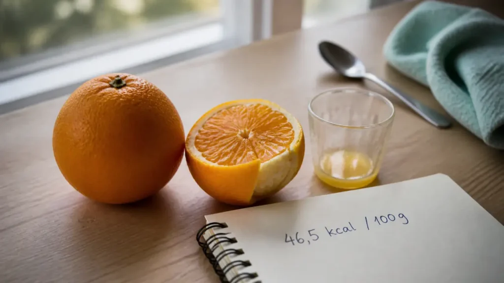 Orange : 46,5 kcal pour 100 g et environ 70 kcal par fruit