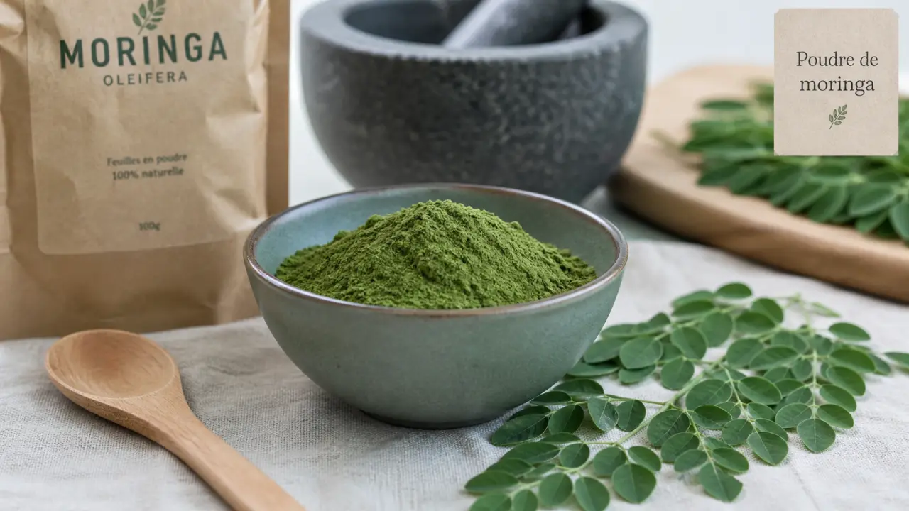 Poudre de moringa bienfait : poudre verte et feuilles de moringa