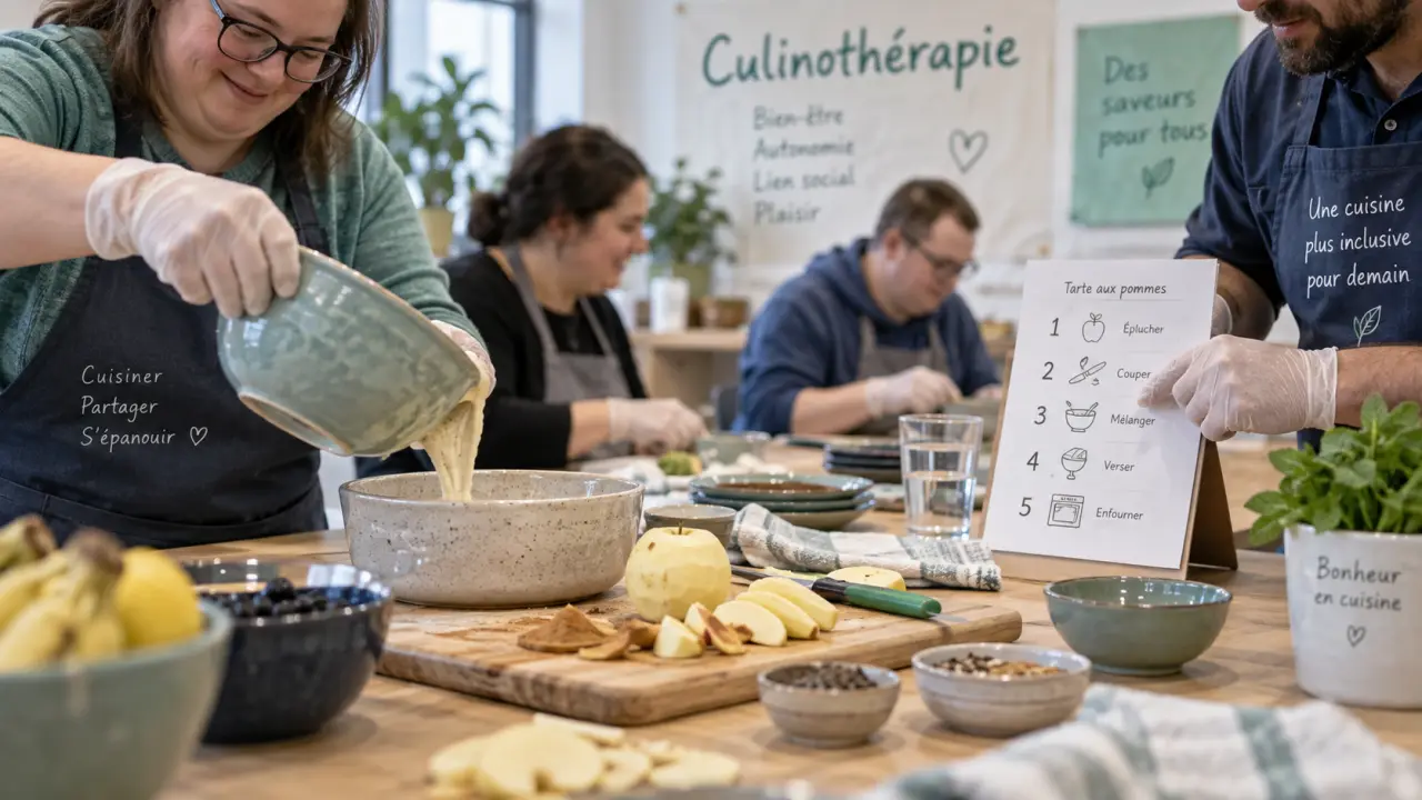 Culinothérapie : atelier cuisine adaptée, mains gantées et ingrédients sur table