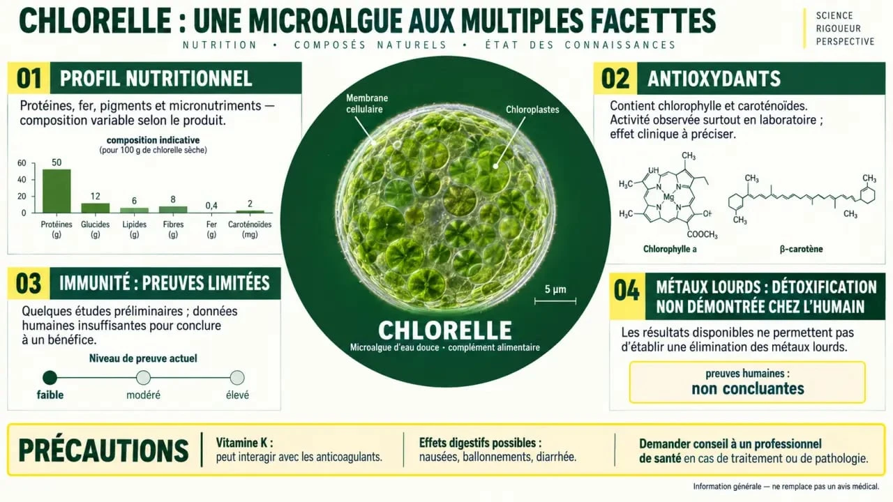 Infographie sur les chlorelle bienfaits, le niveau de preuve scientifique et les précautions d'emploi