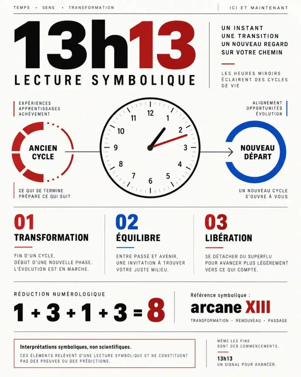 Infographie sur la signification spirituelle de 13h13, la transformation, le nombre 8 et l’arcane XIII