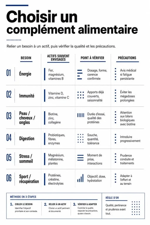 Quel complément alimentaire choisir selon son besoin, infographie comparative des actifs et précautions