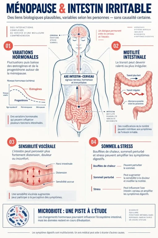 Schéma explicatif du lien entre ménopause et intestin irritable, hormones, transit et sensibilité intestinale