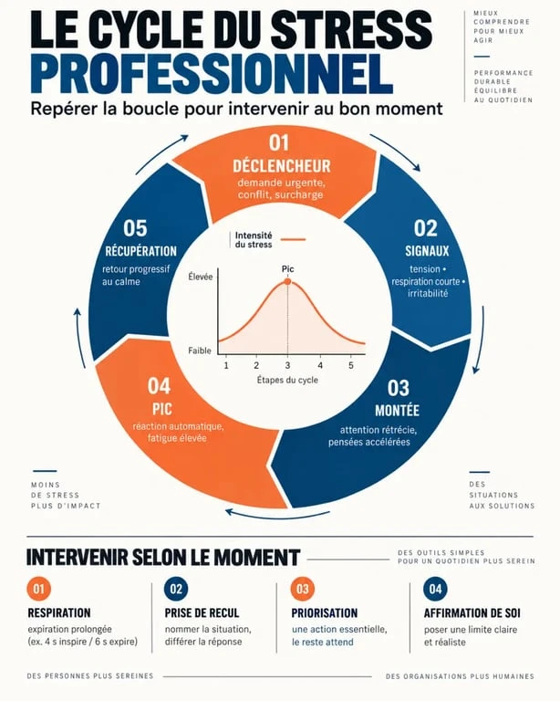 Infographie sur la formation gestion de stress et le cycle du stress professionnel