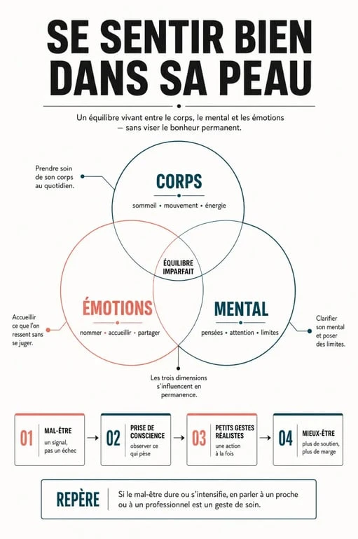 Infographie pour comprendre comment se sentir bien dans sa peau grâce à l’équilibre entre corps, mental et émotions