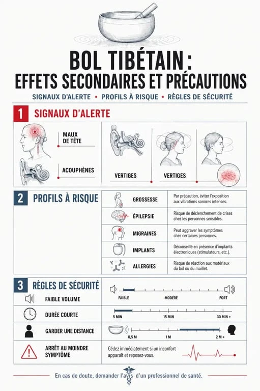 Infographie sur les effets secondaires du bol tibétain : maux de tête, acouphènes, vertiges et précautions d’usage