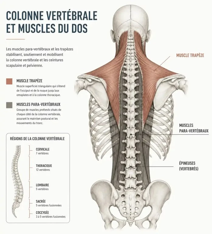 Schéma anatomique illustrant le lien entre stress et mal de dos au niveau des muscles para-vertébraux