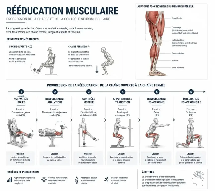 Schéma de progression du renforcement musculaire en kinésithérapie