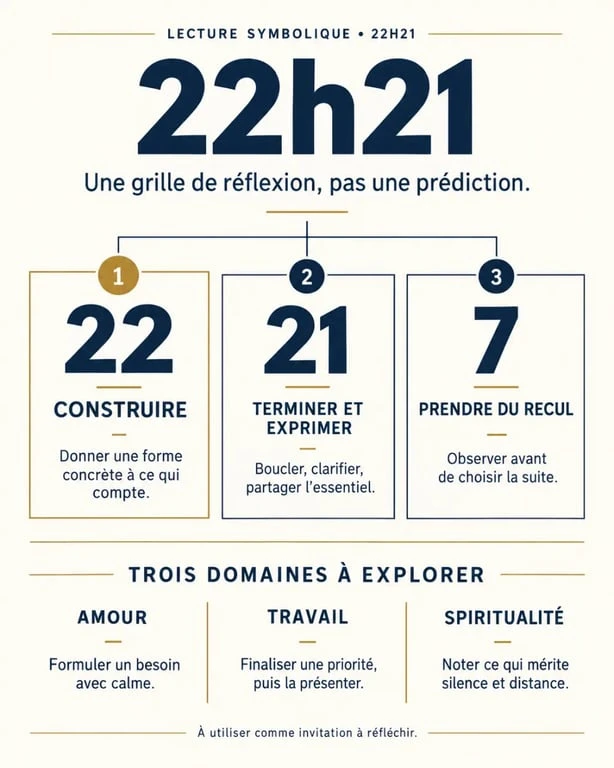 22h21 signification : lecture symbolique des nombres 22, 21 et 7 en amour, au travail et en spiritualité