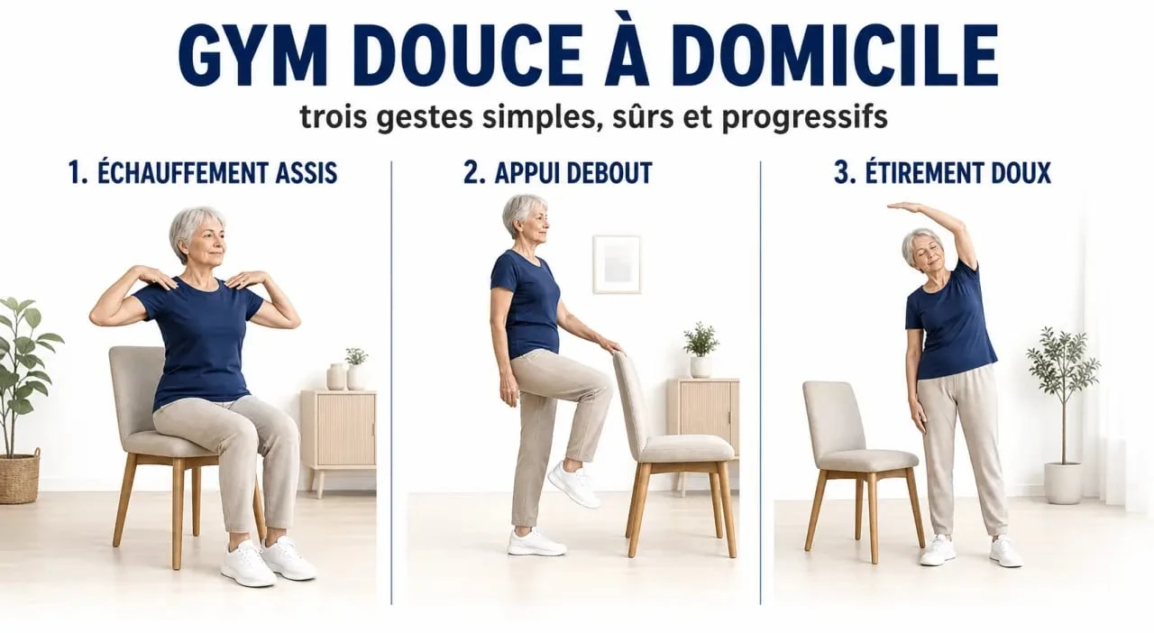 Gym douce pour seniors exercices : séance en trois étapes avec chaise stable, appui debout et étirement doux