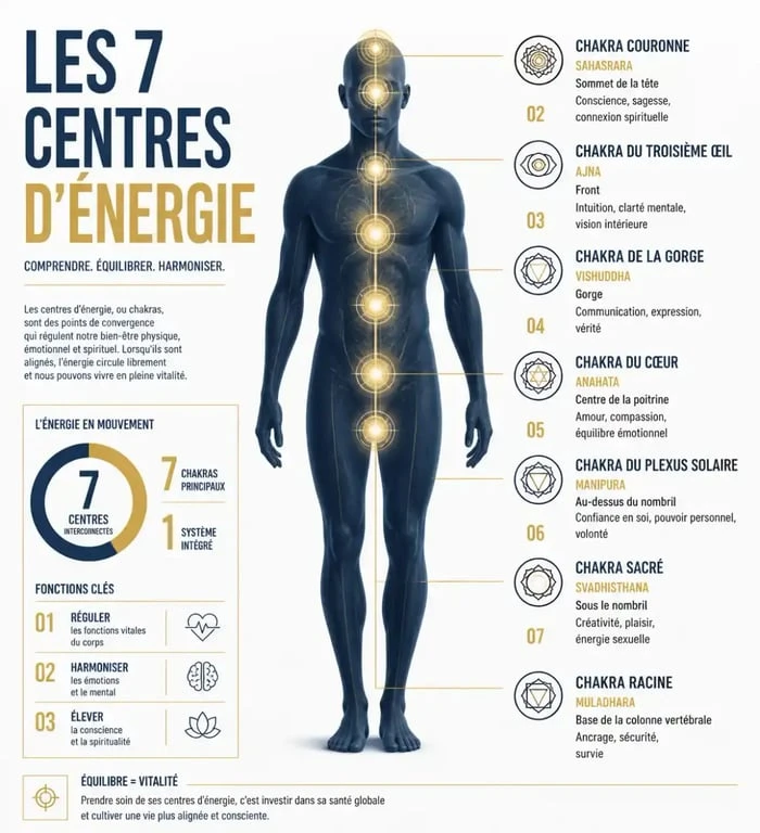 Schéma illustrant les symptômes d'un blocage énergétique dans le corps humain