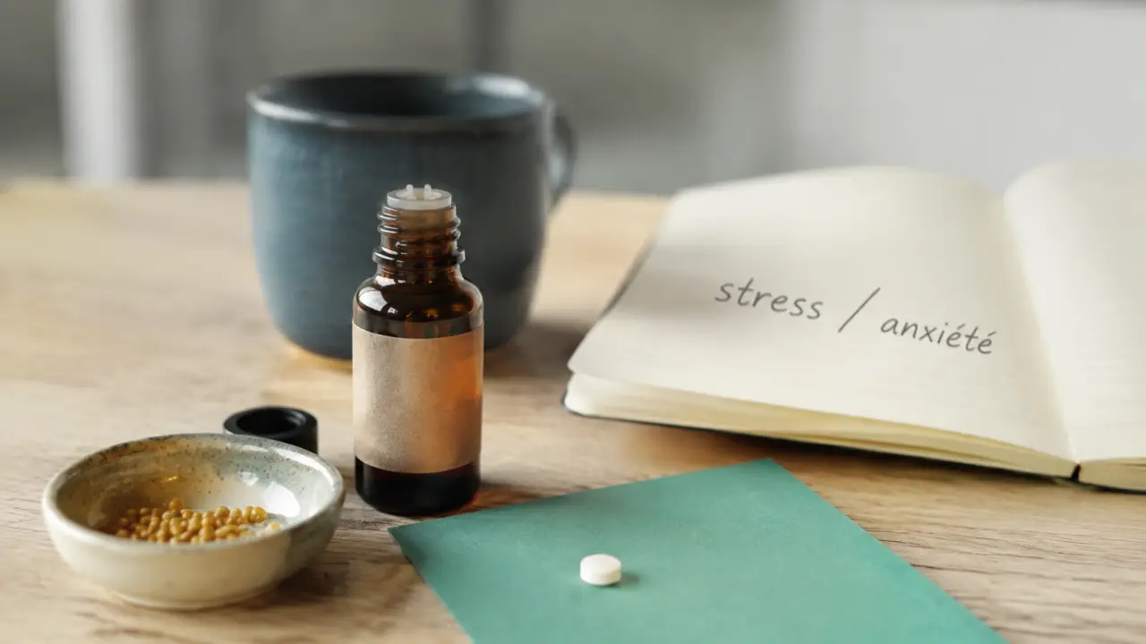 Fleurs de bach stress anxiete : flacon et granules sur table