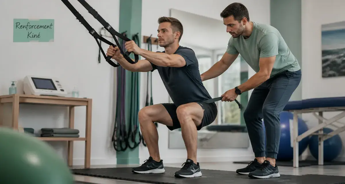 Renforcement musculaire kinésithérapie : squats TRX guidés par un kiné