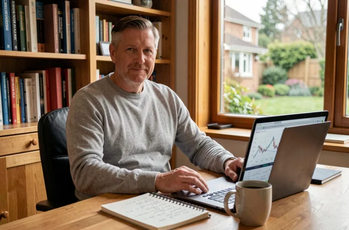 Homme analysant des données du marché immobilier sur ordinateur portable dans un bureau à domicile pour construire un patrimoine durable