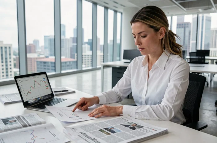 Femme analyste financière étudiant des graphiques boursiers et des journaux économiques dans un bureau moderne en ville