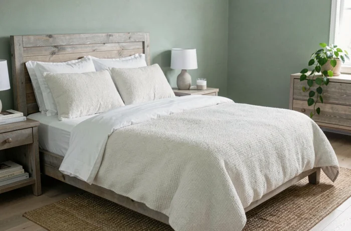 Chambre à coucher épurée avec literie en coton blanc, tête de lit en bois récupéré et ambiance apaisante en vert sauge