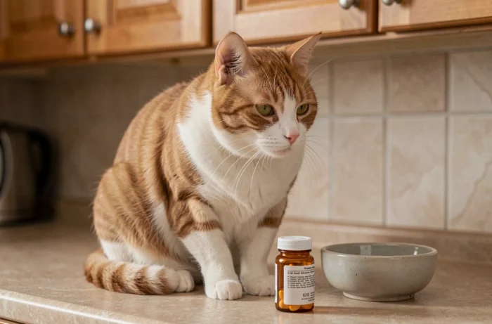 Chat roux à l'air apathique assis près d'un flacon de médicament Zodon sur un plan de travail, signes d'effets secondaires à surveiller
