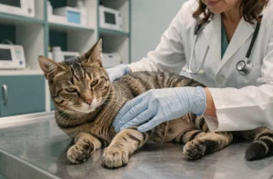 Vétérinaire examinant un chat somnolent sur une table d'examen clinique, illustration des effets secondaires du Zodon chez le chat