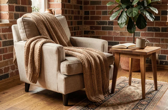 Coin salon chaleureux avec fauteuil en lin, plaid tricoté et table en bois dans un intérieur décoré avec des tons terre