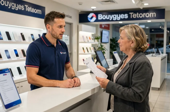 Client et conseiller Bouygues en magasin discutant des étapes de résiliation d'un abonnement téléphonique