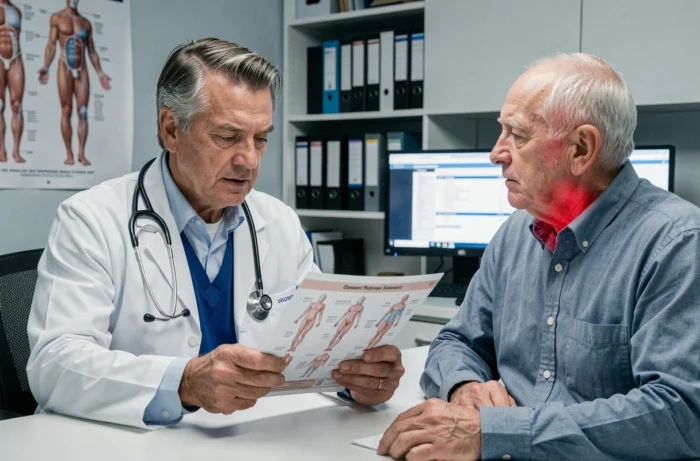 Médecin expliquant les causes des récidives du zona à un patient âgé lors d'une consultation médicale