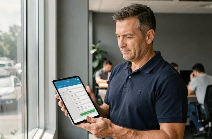 Homme consultant les pages du site Need Sun sur une tablette dans un bureau moderne