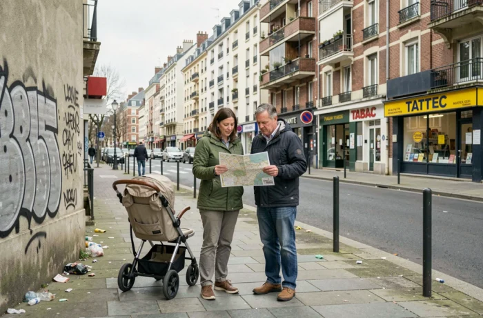 Couple avec poussette consultant une carte dans une rue animée de Nantes aux immeubles variés