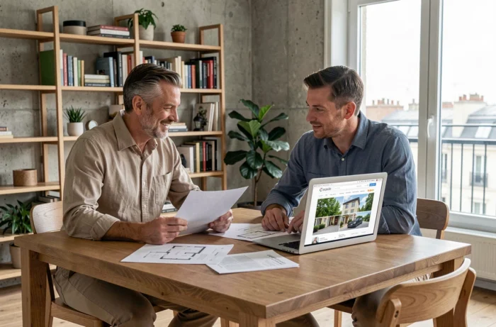Couple étudiant des documents immobiliers et plans d'appartement à la maison pour un investissement patrimonial