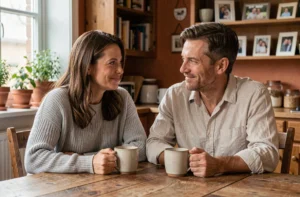 Couple marié partageant un moment de complicité autour d'un café à la maison, symbole d'une union durable