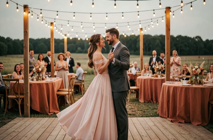 Couple de mariés dansant lors d'une réception en plein air au coucher du soleil avec décoration champêtre