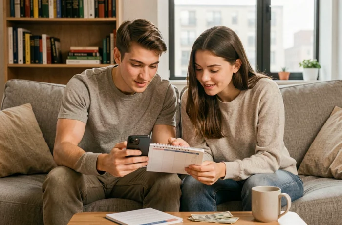 Jeune couple planifiant ensemble leur budget familial avec un carnet et une application mobile de gestion financière dans leur salon