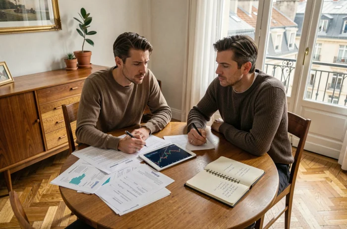 Couple français planifiant leurs investissements ensemble autour d'une table avec documents financiers et tablette