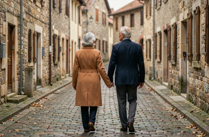 Couple de seniors se promenant main dans la main dans une rue pavée, illustrant la durée d'un mariage heureux