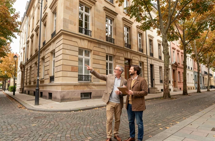 Couple évaluant un immeuble résidentiel en pierre dans une rue arborée pour un projet d'investissement immobilier