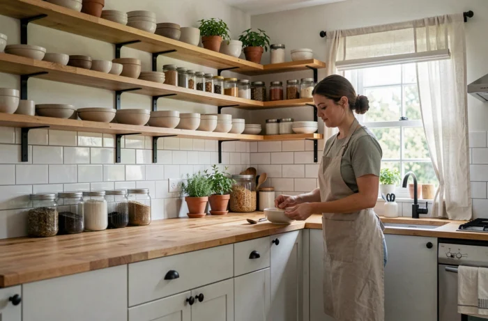 Cuisine scandinave fonctionnelle avec étagères ouvertes en bois, bocaux en verre et herbes aromatiques sur le plan de travail