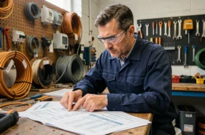 Électricien consultant l'indice BT47 sur des documents imprimés dans un atelier électrique professionnel