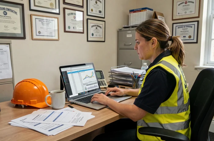 Électricienne analysant les indices de révision de prix BT47 sur ordinateur dans un bureau de PME du bâtiment