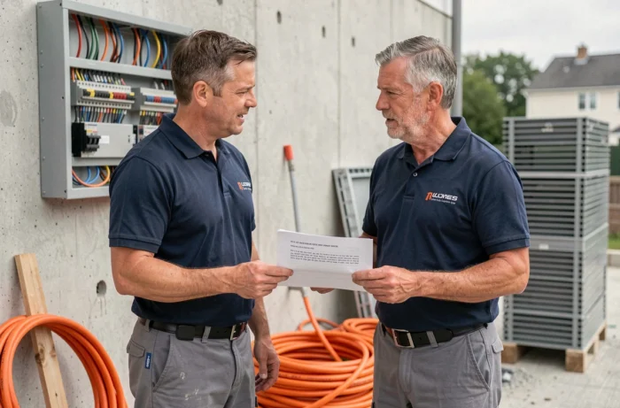 Deux électriciens sur chantier discutant d'un devis intégrant l'actualisation par l'indice BT47 pour préserver leurs marges