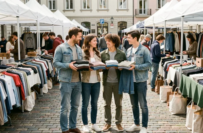 Famille avec deux adolescents faisant du shopping dans un marché de vêtements d'occasion en plein air, tenant des habits triés